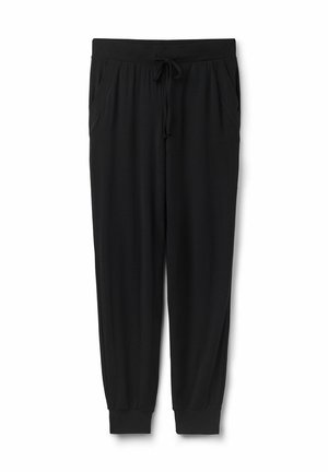 Zwarte joggingbroek gemaakt van een zachte stof, met een elastische tailleband met trekkoord, zijzakken en taps toelopende boorden.