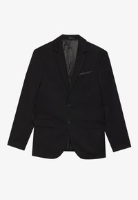 Sacou negru cu rever ascuțit, două buzunare frontale și un buzunar pe piept. Material neted, închidere cu un singur nasture și spate cu fante.