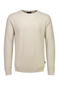 Cremfarbener Pullover mit einem strukturierten Rautenmuster, rundem Halsausschnitt, gerippten Bündchen und Saum. Hergestellt aus einem weichen Strickmaterial.