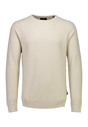 Cremfarbener Pullover mit einem strukturierten Rautenmuster, rundem Halsausschnitt, gerippten Bündchen und Saum. Hergestellt aus einem weichen Strickmaterial.