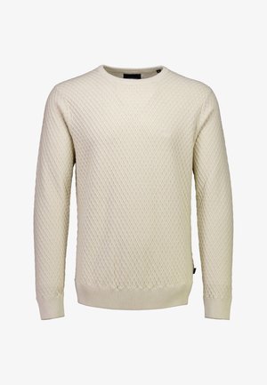 Cremfarbener Pullover mit einem strukturierten Rautenmuster, rundem Halsausschnitt, gerippten Bündchen und Saum. Hergestellt aus einem weichen Strickmaterial.
