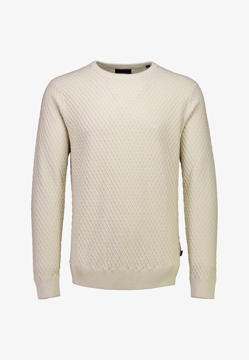 Cremfarbener Pullover mit einem strukturierten Rautenmuster, rundem Halsausschnitt, gerippten Bündchen und Saum. Hergestellt aus einem weichen Strickmaterial.