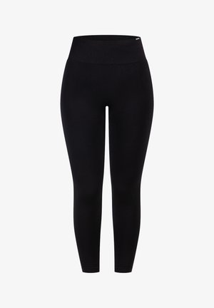 Leggings noirs avec une taille haute élastique. Fabriqués en tissu extensible, conçus pour un ajustement près du corps. Texture lisse, couvrance intégrale.