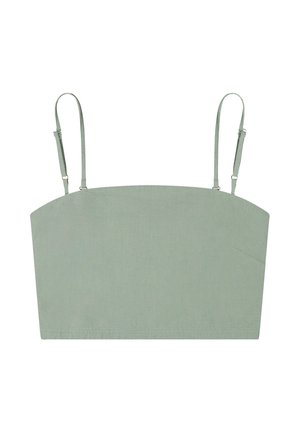 Svetlozelený krátky tielkový top s tenkými nastaviteľnými ramienkami bez vzorov alebo ozdôb.