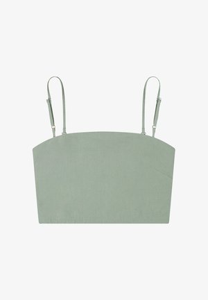 Svetlozelený krátky tielkový top s tenkými nastaviteľnými ramienkami bez vzorov alebo ozdôb.
