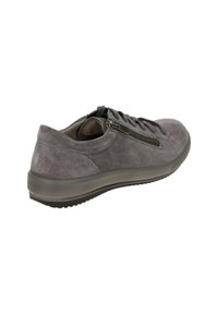 Gray suede sneaker with a rounded toe, lace-up front, and side zipper. Features a textured rubber sole for grip and stability.