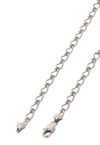 Srebrny metalowy łańcuch o wzorze splatanych ogniw, z dwoma zapięciami na każdym końcu i gładką, wypolerowaną powierzchnią.