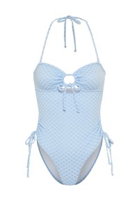 Gaiši zils viengabala peldkostīms ar ziedu rakstu, halterneka saitēm, centrālo izgriezumu un regulējamām sānu saitēm, lai pielāgotu piegulšanu.