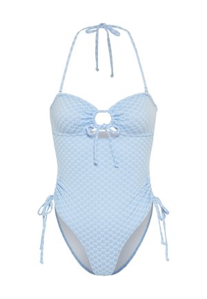 Bañador de una pieza azul claro con un patrón floral, con lazo en el cuello, un corte central y lazos laterales ajustables para mayor comodidad.