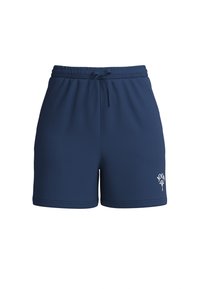 Pantalones cortos deportivos azul marino hechos de tela suave, con cintura elástica con cordón y un logotipo blanco en la parte delantera.