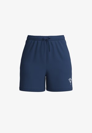 Pantaloncini sportivi blu navy realizzati in tessuto liscio, con vita elasticizzata e coulisse, e un logo bianco sul davanti.