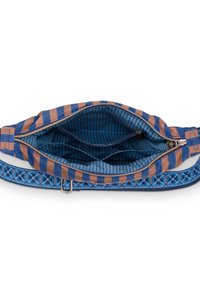Blue and brown striped handbag featuring a zippered top, fabric interior with striped pattern, and a woven blue strap with floral accents.