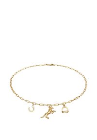 Guld kædehalssmykke med et linkdesign og tre charms: en hest, en hestesko og en stigbøjle. Glat overflade, skinnende finish.