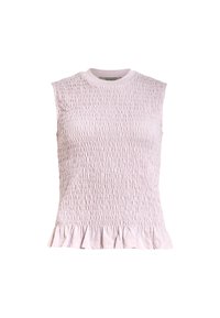 Ljusrosa ärmlös topp med en texturerad, smockad design och en volang-nedredel. Har en rund halsringning och mjukt tyg.
