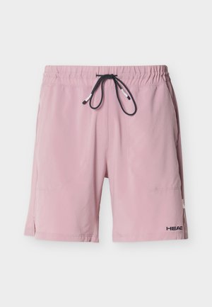Pantalones cortos deportivos de color rosa claro con cordón negro, cintura elástica, bolsillos laterales y logotipo "HEAD" en la parte inferior de la pierna derecha.