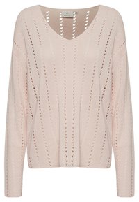 Pull en tricot rose clair avec col en V et rayures ajourées verticales, manches longues et étiquette de taille moyenne.