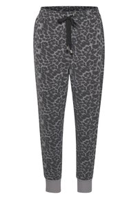 Grå leopardprint joggingbukser med elastisk talje, snoretræk og tætsiddende manschetter. Fremstillet af blødt, behageligt stof.
