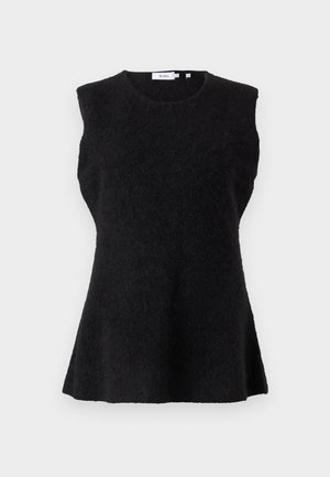 Mustast pehmest, tekstureeritud kangast varrukateta topp. Sellel on ümar kaelus ja lehviva lõikega siluett, mis tagab mugava istuvuse.