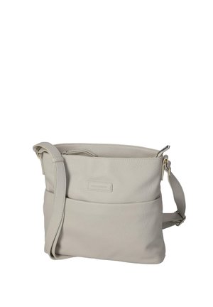 Hellgraue Leder-Umhängetasche mit verstellbarem Riemen, Fronttasche und oberem Reißverschluss.