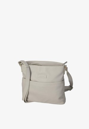 Hellgraue Leder-Umhängetasche mit verstellbarem Riemen, Fronttasche und oberem Reißverschluss.