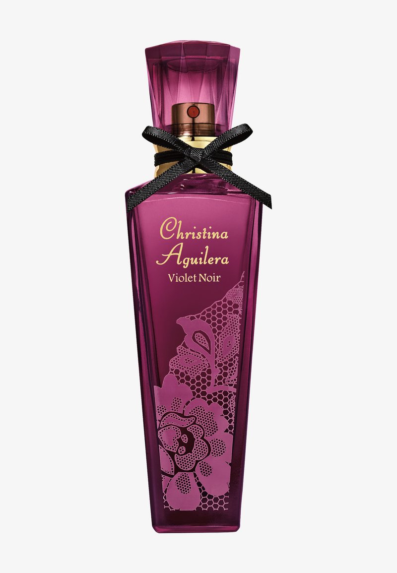 Grand flacon de parfum violet avec un nœud noir, texte doré « Christina Aguilera Violet Noir » et motif en dentelle florale sur le devant.