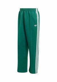 Zelené tepláky vyrobené z bavlněné směsi, s bílými postranními pruhy a malým bílým logem na horní levé noze. Elastický pás.