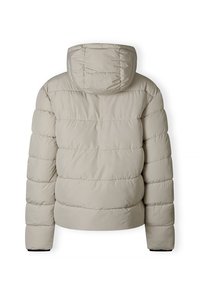 Bež pufasta jakna s kapuljačom, s horizontalnom quilted teksturom, elastičnim manžetama i skraćenim dizajnom, pogodna za hladno vrijeme.