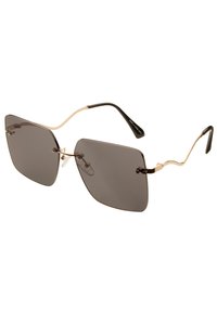 Sunglasses s obdélníkovým rámem, tmavě šedými skly, zlatými kovovými prvky a černými nohami s zakřiveným designem a nastavitelnými nosními podložkami.