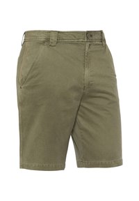 Bermudas caqui hechas de un mezcla de algodón. Presentan bolsillos frontales, un cierre de botón y un diseño de pierna recta. Textura suave.