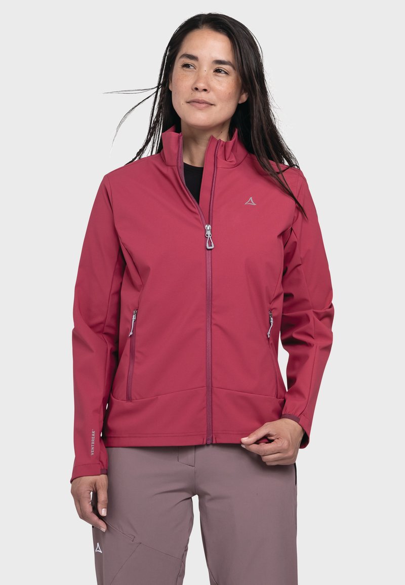 Damen Softshell-Jacke in Tiefrosa, mit durchgehendem Reißverschluss, hohem Kragen, Reißverschluss-Taschen und schlankem Design aus dehnbarem Material.