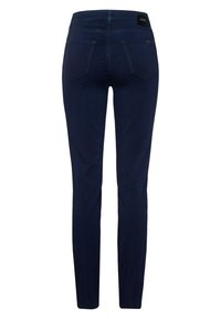 Dunkelblaue Skinny Jeans mit glattem Denim-Obermaterial, fünf Taschen-Design und benanntem Bund. Verfügt über eine enganliegende Beinform.