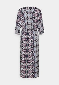 Langes, gemustertes Kleid in Blau, Pink und Schwarz. Hergestellt aus leichtem Stoff mit einem taillierten Bund und Dreiviertelärmeln.
