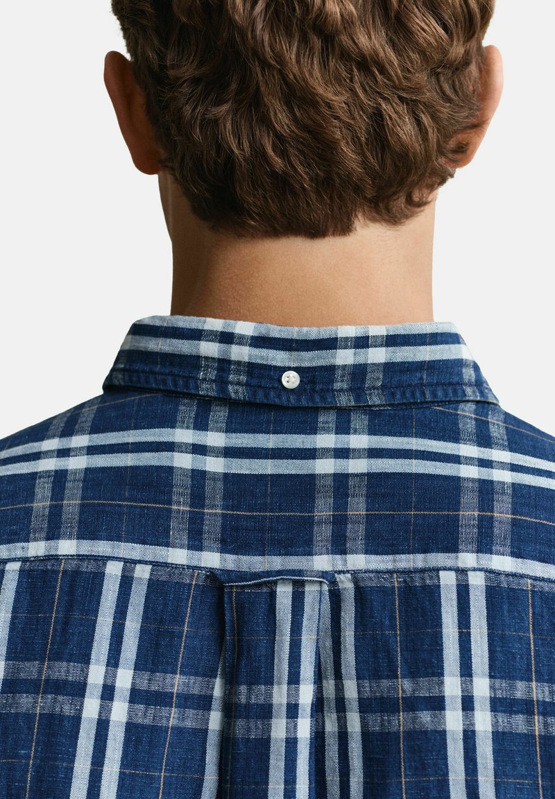 Vista posteriore ravvicinata di una persona con capelli corti marroni che indossa una camicia a quadri blu e bianca con collo abbottonato.