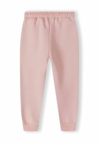 Lichtroze sweatpants gemaakt van zacht materiaal, met een elastische tailleband en geribde boorden voor een goede pasvorm. Eenvoudig ontwerp zonder patronen.