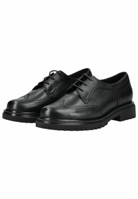 Schwarze Leder Schuhe mit einer abgerundeten Zehe, Schnürdesign, sichtbaren Nähten und einer stabilen Gummisohle mit einem Profilmuster.