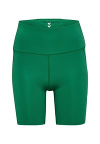 Gröna träningsshorts i stretchigt material. Hög midja, figursytt snitt och platta sömmar. Vitt logotryck på sidan.