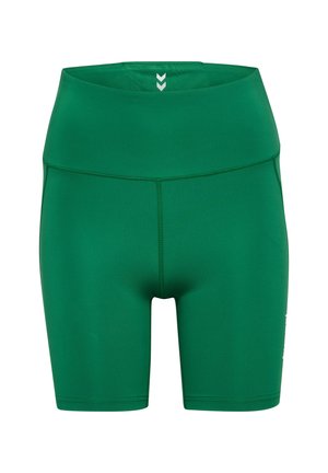 Groene sportieve shorts van rekbare stof. Hoge tailleontwerp, slim fit en platte naden. Witte logo-accent aan de zijkant.