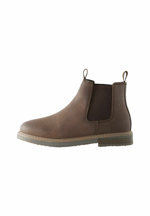 Braune Leder-Chelsea-Stiefel mit elastischen Seitenteilen, Zuglaschen, runder Zehenpartie und einer leicht strukturierten Gummisohle.