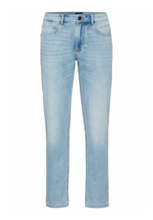 Lys blå denim jeans med lige ben, fem lomme design, subtilt slid, robust syning og en klassisk knaplukning.