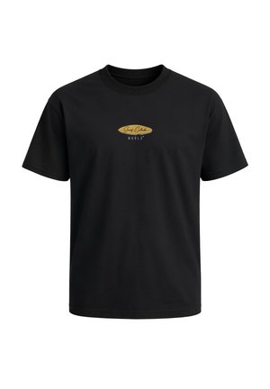 Schwarzes T-Shirt mit kurzen Ärmeln und Rundhalsausschnitt, mit einer kleinen gelben Surfbrett-Grafik und dem Schriftzug "Surf Global NVRLS" auf der Brust.