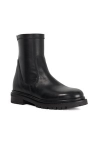 Black leather ankle boot with elastic side panels, round toe, and a chunky rubber sole. Smooth texture with subtle stitching details.