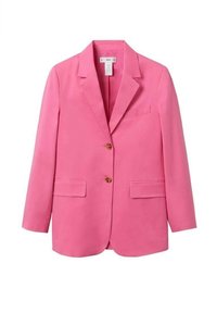 Blazer rosa con due tasche frontali, chiusura a un bottone, rever a punta e una superficie liscia. Etichetta visibile all'interno.