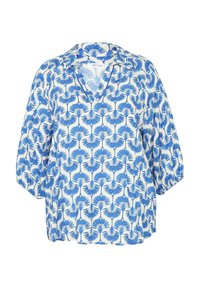 Blusa a maniche corte con scollo a V in tessuto bianco con un motivo di foglie di palma blu. Presenta una vestibilità ampia e maniche arricciate per un tocco di texture.
