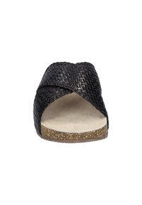 Black woven slide sandal with a crossed strap design, cork footbed, and a lightly textured tan insole for comfort.