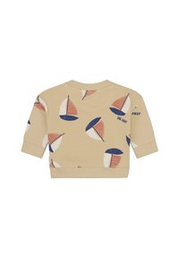 Felpa corta beige con stampa ripetuta di vele rosse e blu, girocollo e maniche corte.