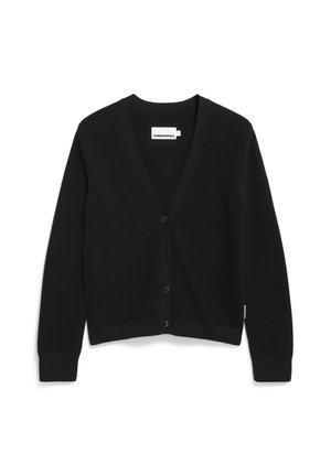 Black cardigan with a v-neck, made from a smooth material. Features six buttons down the front and ribbed cuffs and hem.