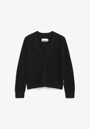 Zwarte cardigan met een v-hals, gemaakt van een gladde stof. Bevat zes knopen aan de voorkant en ribgebreide manchetten en zoom.