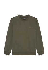 Bluza w kolorze oliwkowej zieleni wykonana z miękkiej tkaniny, z okrągłym dekoltem, długimi rękawami oraz małą naszywką z logo z przodu.