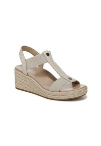 Beige wedge sandals with woven textile straps, open toe, and espadrille-style jute detailing on the sole. Includes a decorative button.