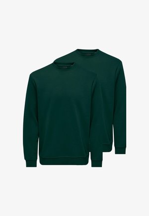 Dwa ciemnozielone bluzy z crewneckiem, długimi rękawami, ściągaczami na mankietach i na dole, przedstawione na białym tle.